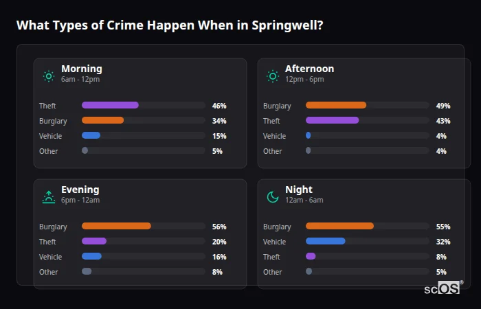 What Types of Crime Happen When in Springwell? Crime types by time period for Springwell - showing breakdown of burglary, violence, theft, and vehicle crime by morning, afternoon, evening, and night