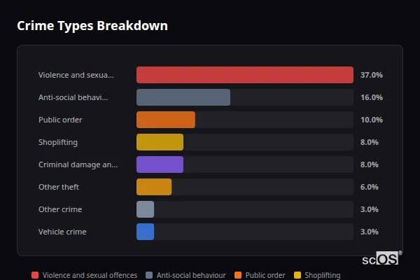 Crime Types Breakdown for Camberley - showing Violence and sexual offences (37%), Anti-social behaviour (16%), Public order (10%)