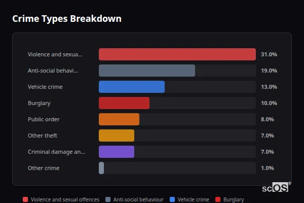 Crime Types Breakdown for Windlesham - showing Violence and sexual offences (31%), Anti-social behaviour (19%), Vehicle crime (13%)