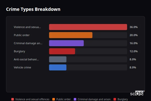 Crime Types Breakdown for Dunvant - showing Violence and sexual offences (36%), Public order (20%), Criminal damage and arson (16%)