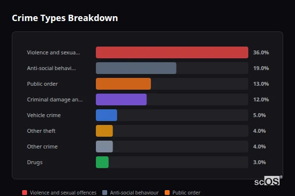 Crime Types Breakdown for Loughor - showing Violence and sexual offences (36%), Anti-social behaviour (19%), Public order (13%)