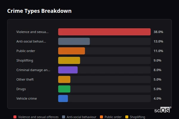 Crime Types Breakdown for Swansea - showing Violence and sexual offences (38%), Anti-social behaviour (13%), Public order (11%)