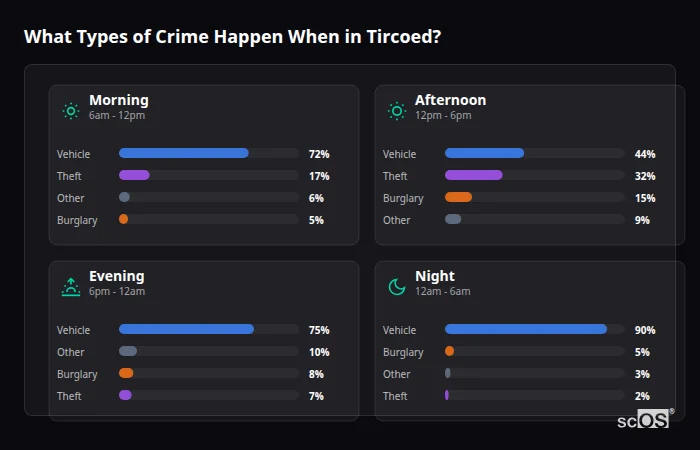 What Types of Crime Happen When in Tircoed? Crime types by time period for Tircoed - showing breakdown of burglary, violence, theft, and vehicle crime by morning, afternoon, evening, and night
