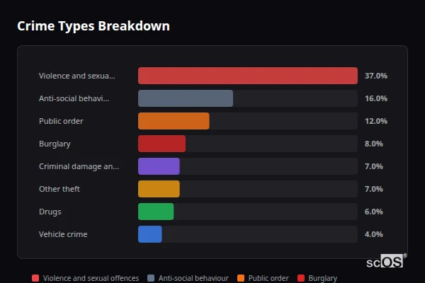 Crime Types Breakdown - Chiseldon Crime Types Breakdown for Chiseldon - showing Violence and sexual offences (37%), Anti-social behaviour (16%), Public order (12%)