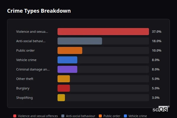 Crime Types Breakdown for Highworth - showing Violence and sexual offences (37%), Anti-social behaviour (18%), Public order (10%)