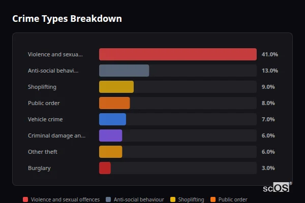 Crime Types Breakdown for Tamworth - showing Violence and sexual offences (43%), Anti-social behaviour (13%), Public order (8%)