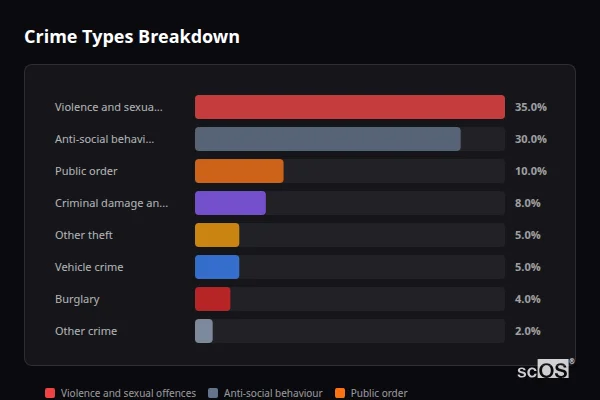 Crime Types Breakdown for Bletchingley - showing Violence and sexual offences (35%), Anti-social behaviour (30%), Public order (10%)