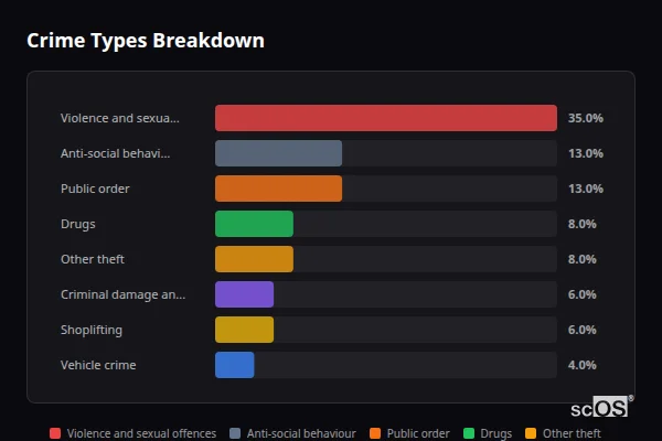 Crime Types Breakdown for Caterham - showing Violence and sexual offences (35%), Anti-social behaviour (13%), Public order (13%)