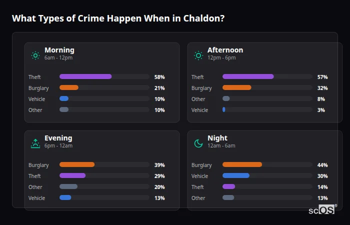 Crime types by time period for Chaldon - showing breakdown of burglary, violence, theft, and vehicle crime by morning, afternoon, evening, and night