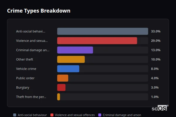 Crime Types Breakdown - South Nutfield Crime Types Breakdown for South Nutfield - showing Anti-social behaviour (33%), Violence and sexual offences (29%), Criminal damage and arson (13%)