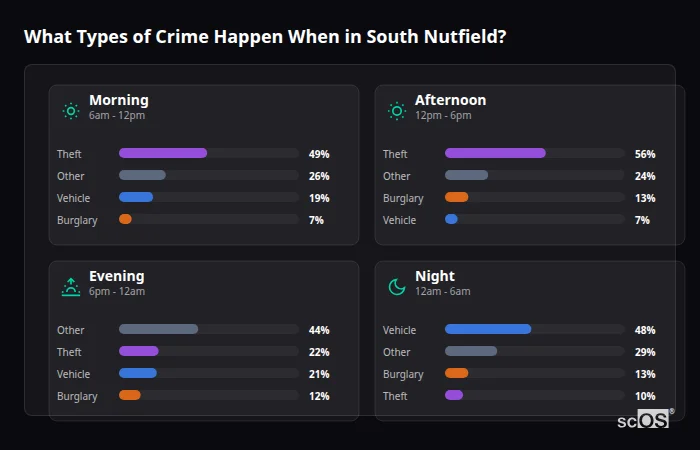 What Types of Crime Happen When in South Nutfield? Crime types by time period for South Nutfield - showing breakdown of burglary, violence, theft, and vehicle crime by morning, afternoon, evening, and night