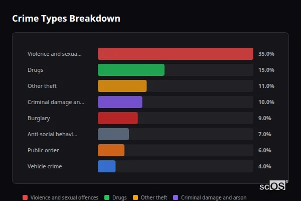 Crime Types Breakdown for Woldingham - showing Violence and sexual offences (35%), Drugs (15%), Other theft (11%)