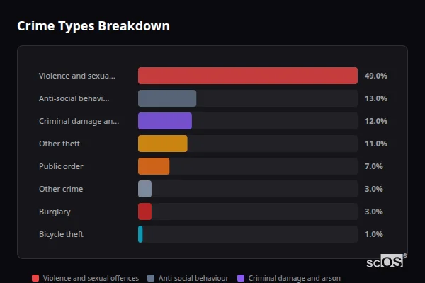 Crime Types Breakdown for Ashburton - showing Violence and sexual offences (49%), Anti-social behaviour (13%), Criminal damage and arson (12%)