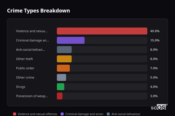 Crime Types Breakdown for Buckfastleigh - showing Violence and sexual offences (49%), Criminal damage and arson (15%), Anti-social behaviour (8%)