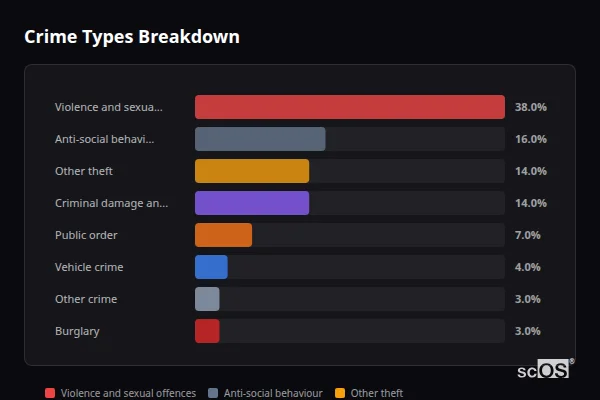 Crime Types Breakdown for Ipplepen - showing Violence and sexual offences (38%), Anti-social behaviour (16%), Other theft (14%)