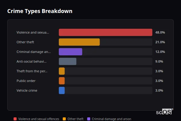 Crime Types Breakdown for Stokeinteignhead - showing Violence and sexual offences (48%), Other theft (21%), Criminal damage and arson (12%)