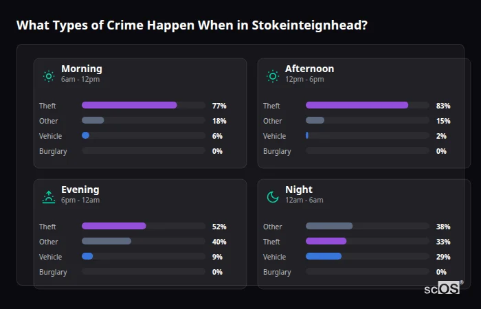 Crime types by time period for Stokeinteignhead - showing breakdown of burglary, violence, theft, and vehicle crime by morning, afternoon, evening, and night