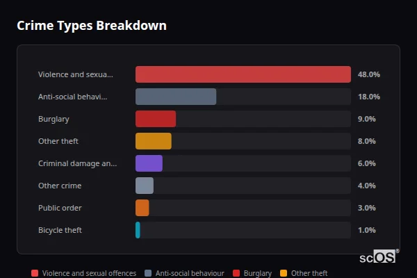 Crime Types Breakdown for High Ercall - showing Violence and sexual offences (48%), Anti-social behaviour (18%), Burglary (9%)