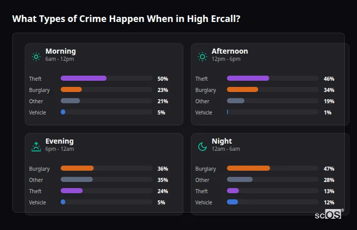 Crime types by time period for High Ercall - showing breakdown of burglary, violence, theft, and vehicle crime by morning, afternoon, evening, and night