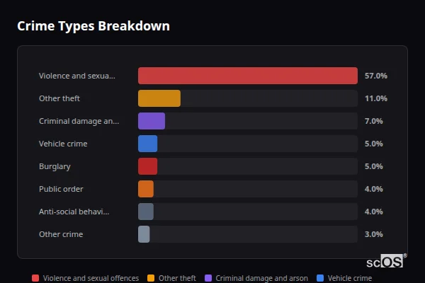 Crime Types Breakdown for Alresford - showing Violence and sexual offences (57%), Other theft (11%), Criminal damage and arson (7%)