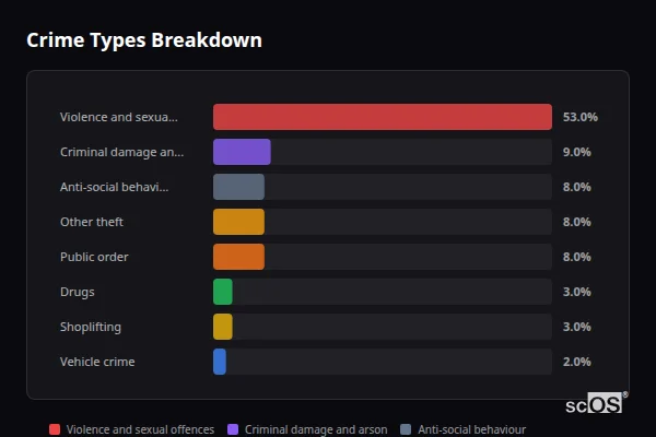 Crime Types Breakdown for Brightlingsea - showing Violence and sexual offences (53%), Criminal damage and arson (9%), Anti-social behaviour (8%)