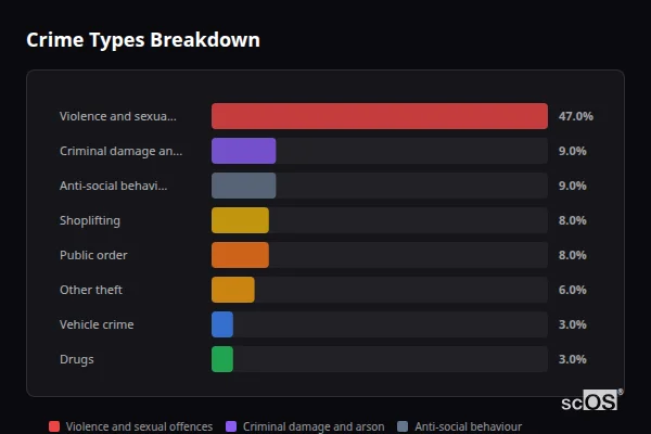 Crime Types Breakdown for Clacton-on-Sea - showing Violence and sexual offences (47%), Criminal damage and arson (9%), Anti-social behaviour (9%)