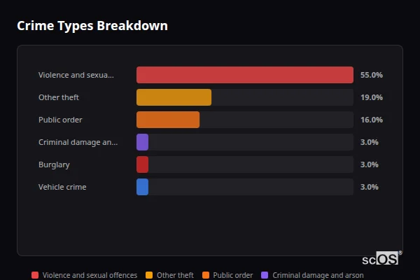 Crime Types Breakdown for Great Oakley - showing Violence and sexual offences (55%), Other theft (19%), Public order (16%)