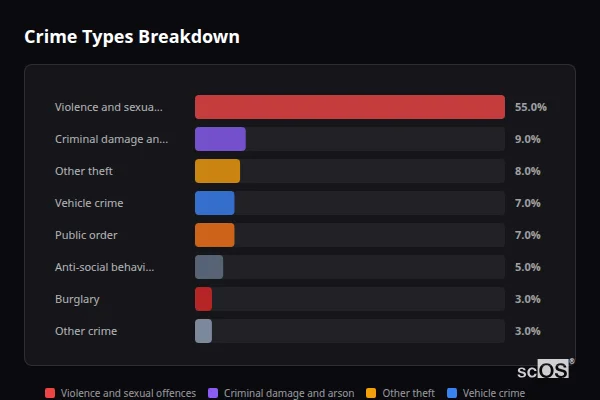 Crime Types Breakdown - Rural Tendring Crime Types Breakdown for Rural Tendring - showing Violence and sexual offences (55%), Criminal damage and arson (9%), Other theft (8%)