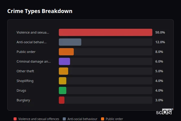 Crime Types Breakdown - Andover Crime Types Breakdown for Andover - showing Violence and sexual offences (50%), Anti-social behaviour (12%), Public order (8%)