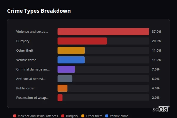 Crime Types Breakdown for Chilbolton - showing Violence and sexual offences (37%), Burglary (20%), Other theft (11%)