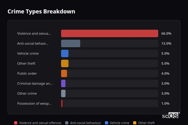 Crime Types Breakdown for Picket Piece - showing Violence and sexual offences (66%), Anti-social behaviour (13%), Vehicle crime (5%)
