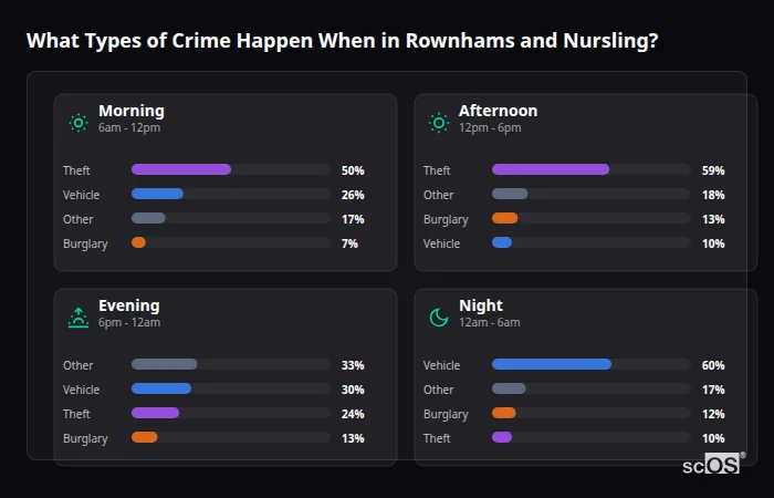 Crime types by time period for Rownhams and Nursling - showing breakdown of burglary, violence, theft, and vehicle crime by morning, afternoon, evening, and night