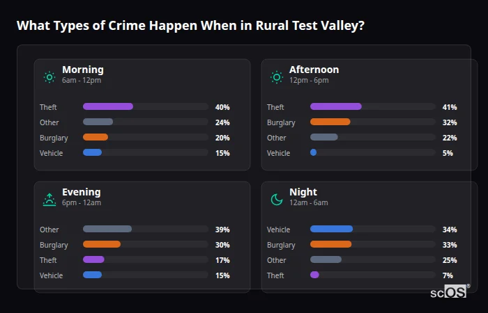 What Types of Crime Happen When in Rural Test Valley? Crime types by time period for Rural Test Valley - showing breakdown of burglary, violence, theft, and vehicle crime by morning, afternoon, evening, and night