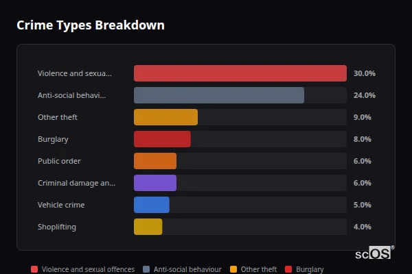 Crime Types Breakdown for Rural Tewkesbury - showing Violence and sexual offences (30%), Anti-social behaviour (24%), Other theft (9%)