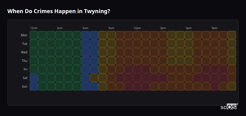 Crime time heatmap for Twyning - showing when crimes are most likely to occur by day and hour