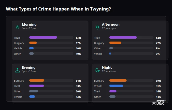 Crime types by time period for Twyning - showing breakdown of burglary, violence, theft, and vehicle crime by morning, afternoon, evening, and night
