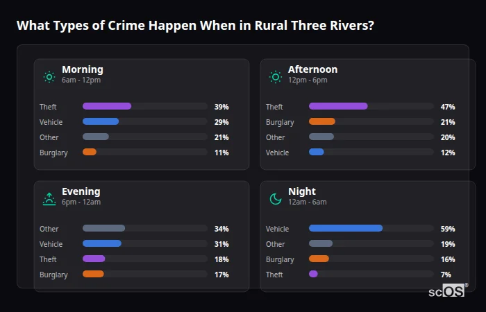 Crime types by time period for Rural Three Rivers - showing breakdown of burglary, violence, theft, and vehicle crime by morning, afternoon, evening, and night