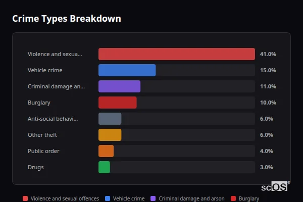 Crime Types Breakdown for Horndon on the Hill - showing Violence and sexual offences (41%), Vehicle crime (15%), Criminal damage and arson (11%)