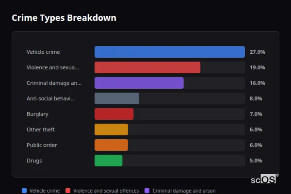 Crime Types Breakdown for Orsett - showing Vehicle crime (27%), Violence and sexual offences (19%), Criminal damage and arson (16%)