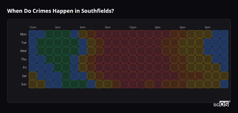 When Do Crimes Happen in Southfields? Crime time heatmap for Southfields - showing when crimes are most likely to occur by day and hour