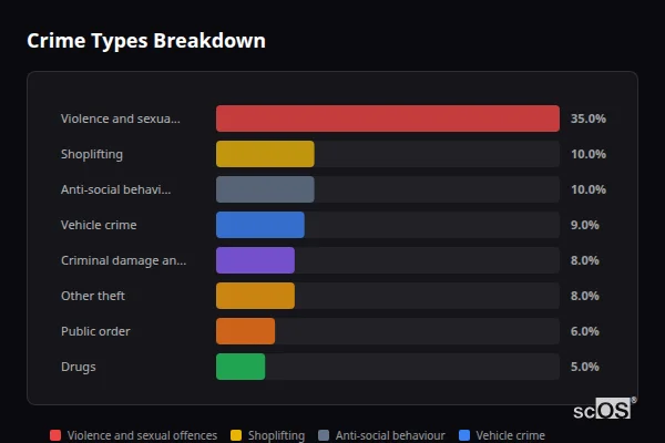 Crime Types Breakdown for Stanford-le-Hope - showing Violence and sexual offences (35%), Shoplifting (10%), Anti-social behaviour (10%)