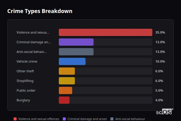 Crime Types Breakdown for Tilbury - showing Violence and sexual offences (35%), Criminal damage and arson (13%), Anti-social behaviour (13%)