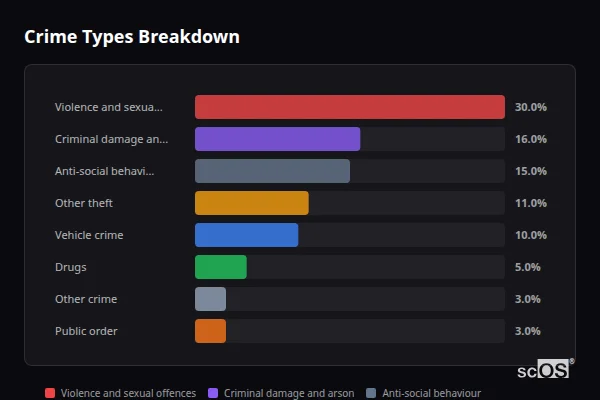 Crime Types Breakdown - Blue Bell Hill Crime Types Breakdown for Blue Bell Hill - showing Violence and sexual offences (30%), Criminal damage and arson (16%), Anti-social behaviour (15%)