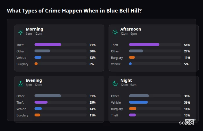 What Types of Crime Happen When in Blue Bell Hill? Crime types by time period for Blue Bell Hill - showing breakdown of burglary, violence, theft, and vehicle crime by morning, afternoon, evening, and night