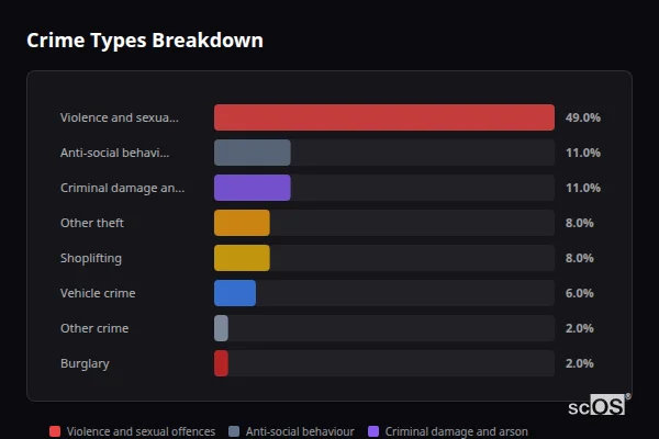 Crime Types Breakdown - Borough Green Crime Types Breakdown for Borough Green - showing Violence and sexual offences (49%), Anti-social behaviour (11%), Criminal damage and arson (11%)