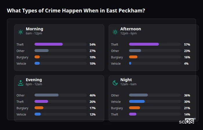 What Types of Crime Happen When in East Peckham? Crime types by time period for East Peckham - showing breakdown of burglary, violence, theft, and vehicle crime by morning, afternoon, evening, and night