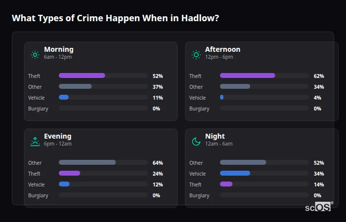 Crime types by time period for Hadlow - showing breakdown of burglary, violence, theft, and vehicle crime by morning, afternoon, evening, and night