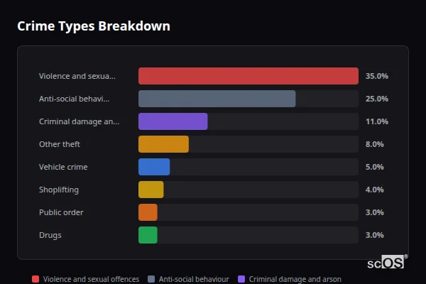 Crime Types Breakdown - Kings Hill Crime Types Breakdown for Kings Hill - showing Violence and sexual offences (35%), Anti-social behaviour (25%), Criminal damage and arson (11%)