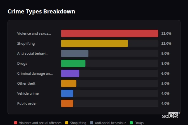 Crime Types Breakdown - Peters Village Crime Types Breakdown for Peters Village - showing Violence and sexual offences (32%), Shoplifting (22%), Anti-social behaviour (9%)