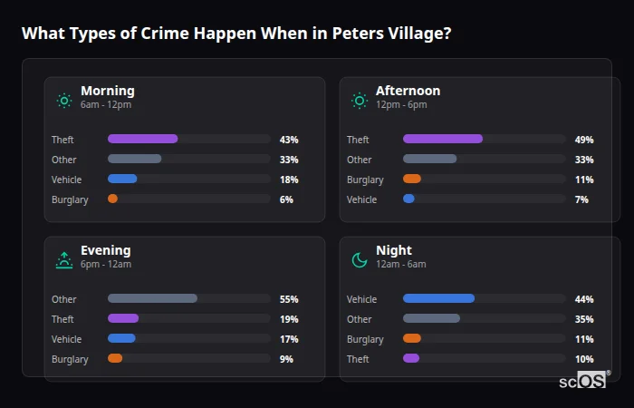 What Types of Crime Happen When in Peters Village? Crime types by time period for Peters Village - showing breakdown of burglary, violence, theft, and vehicle crime by morning, afternoon, evening, and night